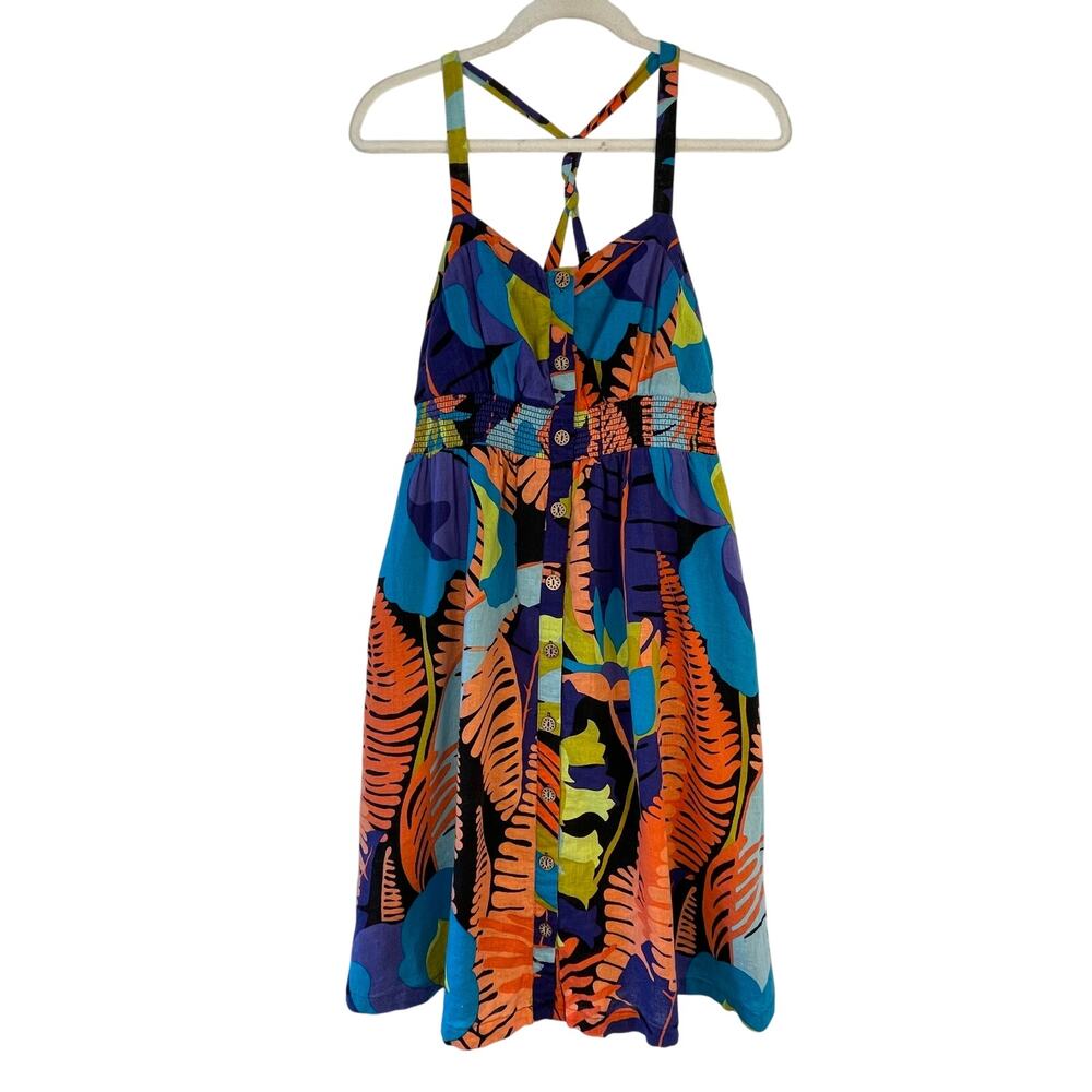 Anthropologie Multicolor Tropical-Print Midi Dress - Blue, Orange, Green, Purple